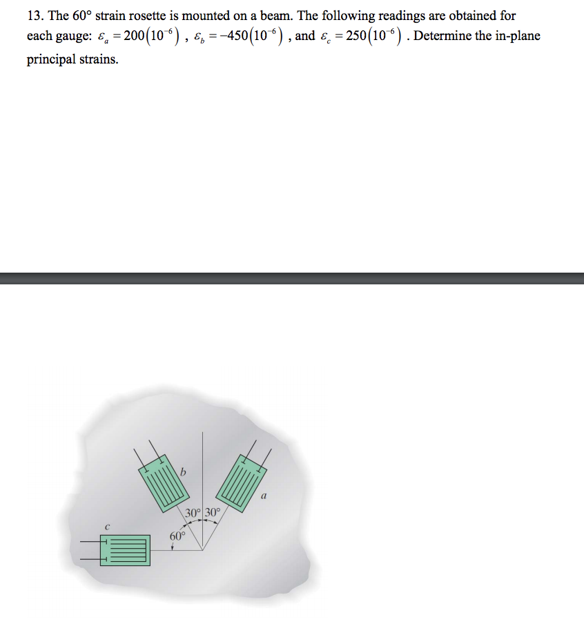 13. The 60Â° strain rosette is mounted on a beam. The following readings are obtained for each gauge: ?.-200 (10-6 ) , ?,--450(10 6 ) , and ?,-250 (106 ) . Determine the in-plane principal strains. 30Â° 30 60Â°