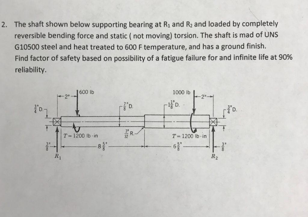 The shaft shown below supporting bearing at R1 and R2 and loaded by completely reversible bending force and static (not moving) torsion. The shaft is mad of UNS G10500 steel and heat treated to 600 F temperature, and has a ground finish. Find factor of safety based on possibility of a fatigue failure for and infinite life at 90% reliability. 2. 600 lb 1000 lb 2 D. D. T- 1200 lb-in R. 32 T 1200 lb in