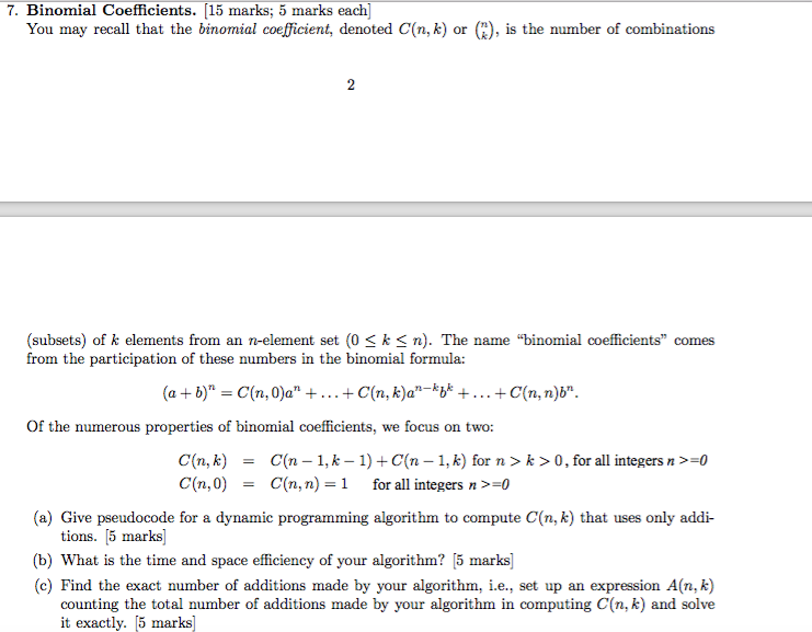 Solved Binomial Coefficients You May Recall That The Bin Chegg Com