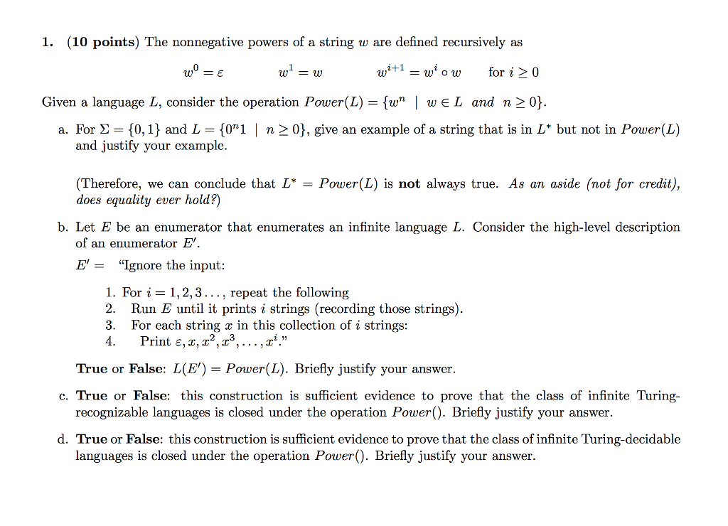 Solved 1 10 Points The Nonnegative Powers Of A String Chegg Com