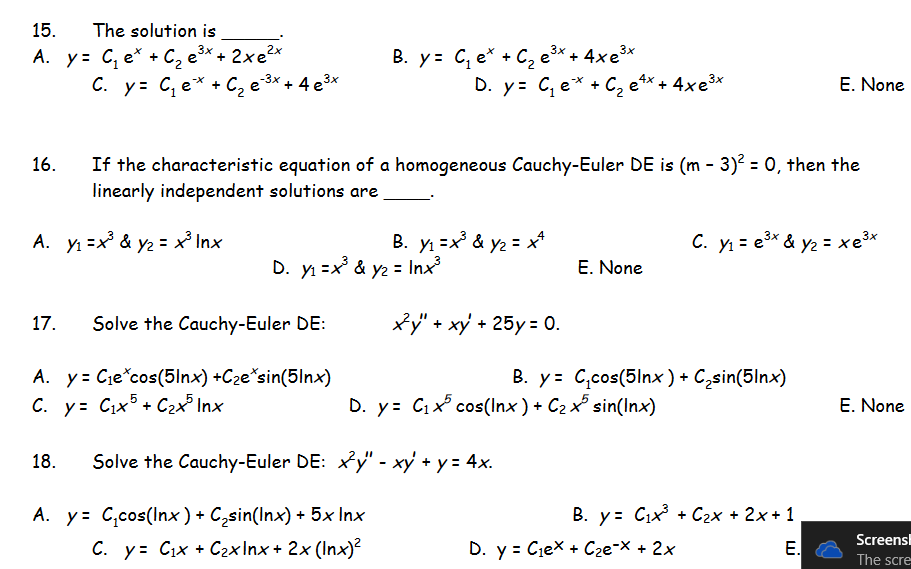 E 1 3 2 c. Y c1e 2x c2e-x. Y = xe^x - e^x. Y=c1e^1x+c2e^3x. Y c1 c2x e x.