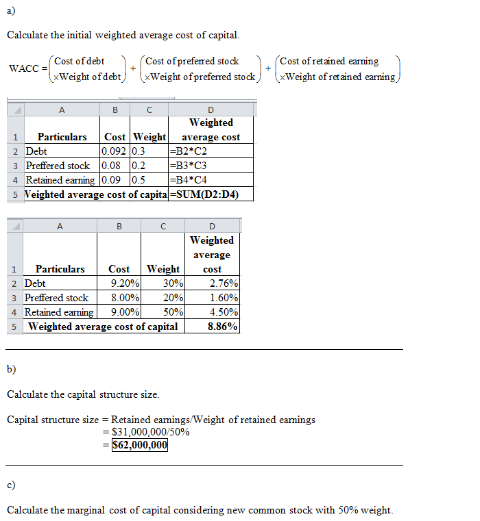 Calculate the initial weighted average cost of capital Cost ofdebt Cost ofpreferred stock Cost of retained earning xWeight of