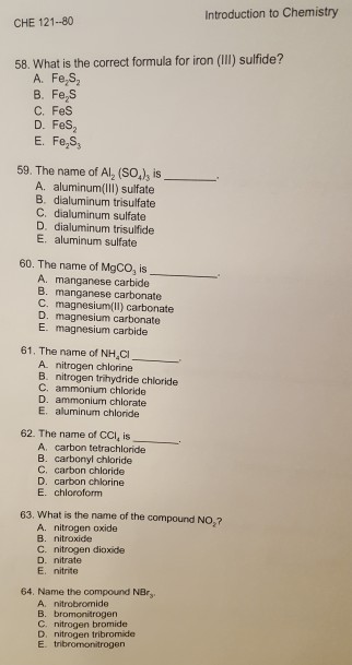 Solved Introduction To Chemistry Che 121-80 58. What Is The | Chegg.com