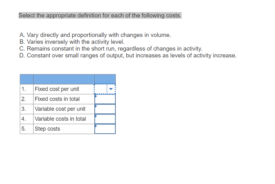 Solved Select The Appropriate Definition For Each Of The