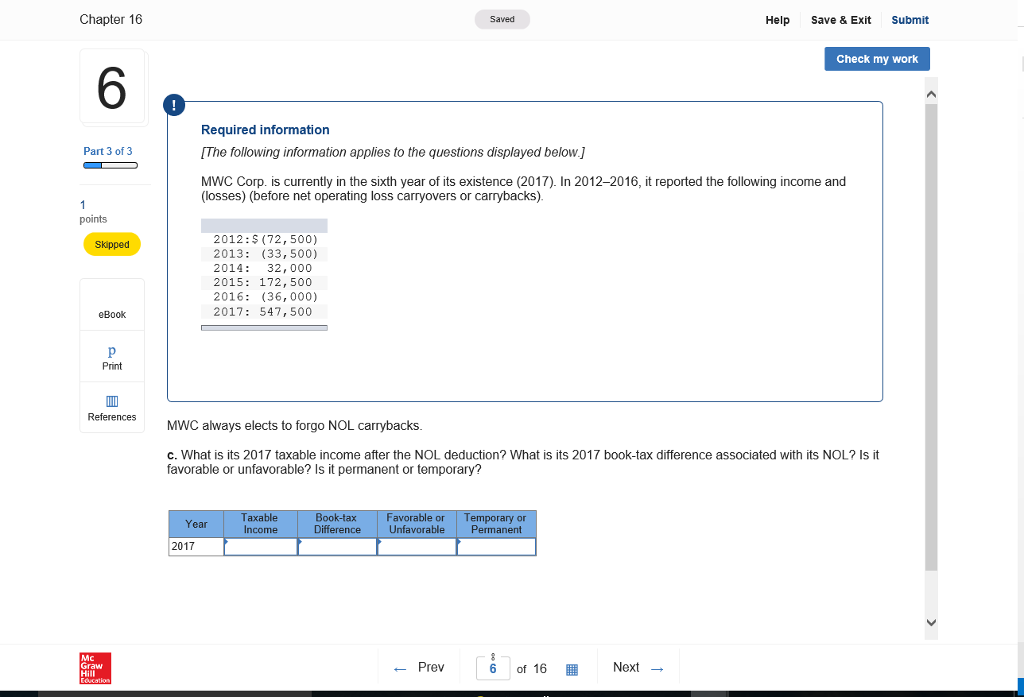 Chapter 16 Saved Help Save & Exit Submit Check my work 6 Required information [The following information applies to the questions displayed below.] MWC Corp. is currently in the sixth year of its existence (2017). In 2012-2016, it reported the following income and Part 3 of 3 (losses) (before net operating loss carryovers or carrybacks). points 2012:S (72, 500) 2013 (33, 500) 2014: 32,000 2015: 172, 500 2016: (36, 000) 2017: 547,500 Skipped eBook Print References MWC always elects to forgo NOL carrybacks c. What is its 2017 taxable income after the NOL deduction? What is its 2017 book-tax difference associated with its NOL? Is it favorable or unfavorable? Is it permanent or temporary? avorable or Difference Unfavorable Permanent Year emporary or Income 2017 Mc Graw ? Prev of 16 Next ?