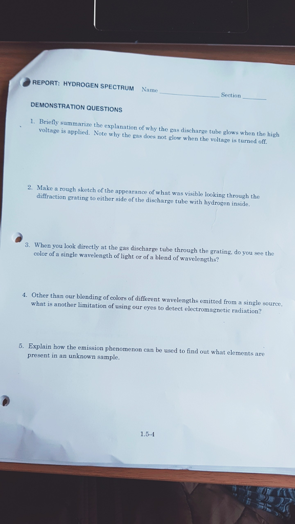 Solved Report Hydrogen Spectrum Name Section Demonstrati