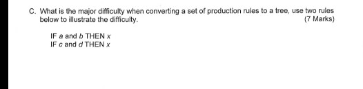 C. What is the major difficulty when converting a set of production rules to a tree, use two rules (7 Marks) below to illustrate the difficulty. IF a and b THEN x IF c and d THEN x