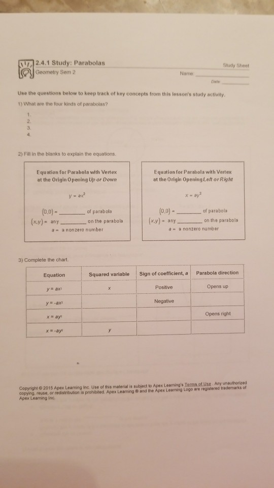 2 4 1 Study Parabolas Geometry Sem 2 Study Sheet Chegg 