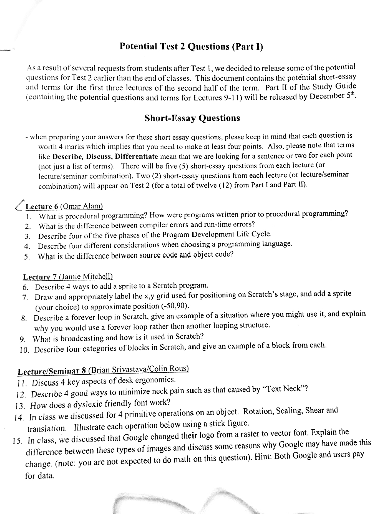 Potential Test 2 Questions (Part I) As a result of