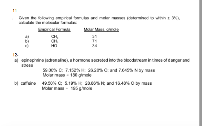 Solved Given The Following Empirical Formulas And Molar M