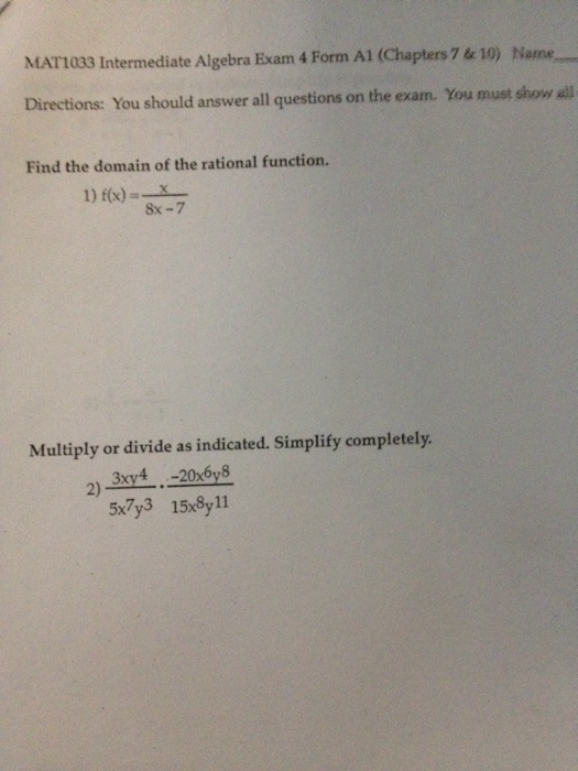 Solved Mat1033 Intermediate Algebra Exam 4 Form A1 Chapt