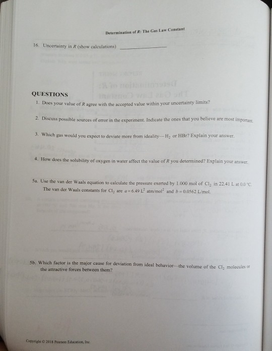 Report Sheet Determination Of R The Gas Law Const Chegg Com