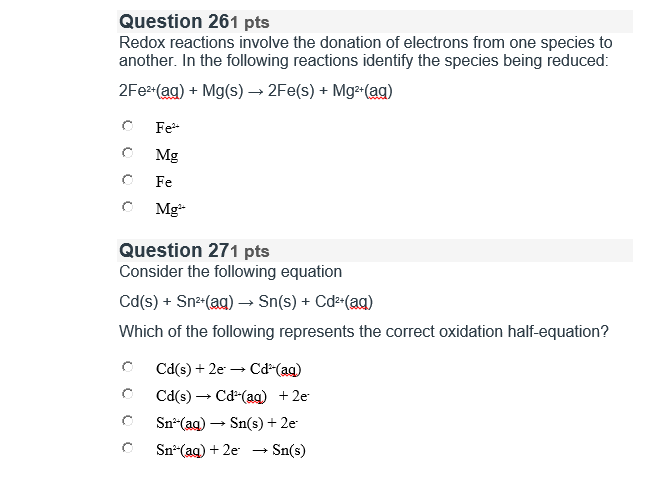 Question 261 Pts Redox Reactions Involve The Donation Chegg 