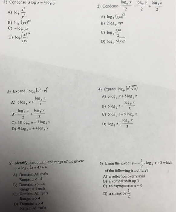 Solved Condense 3 Log X 4 Log Y Log X 3 Y 4 Log Yx Chegg Com