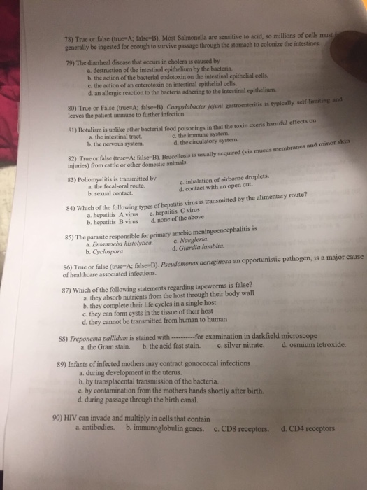 Solved True Or False (True = A;. False = B). Most Salmonella | Chegg.com