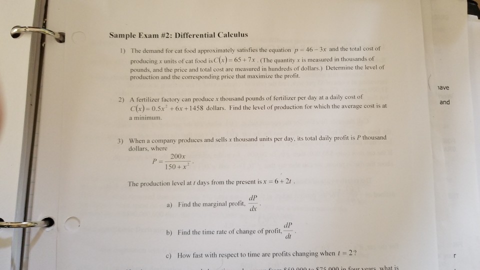 1) Solved: Differential Deman ... Sample Calculus #2: Exam The