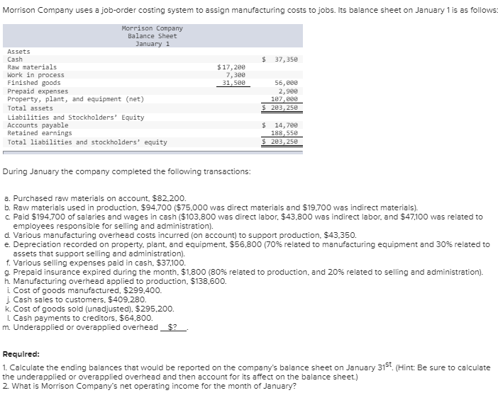 Solved Morrison Company Uses A Joborder Costing System T