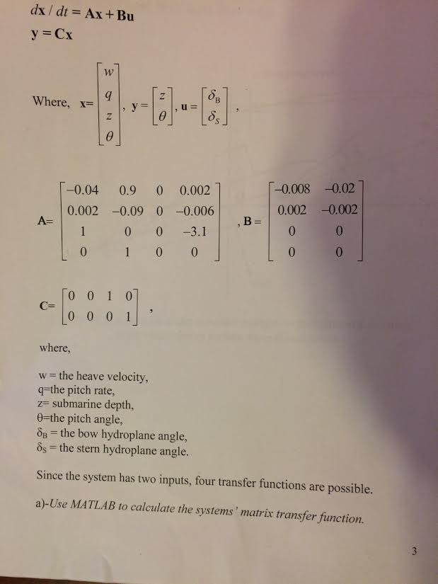 Dx Dt Ax Bu Y Cx Where X Where W The Heave Ve Chegg Com