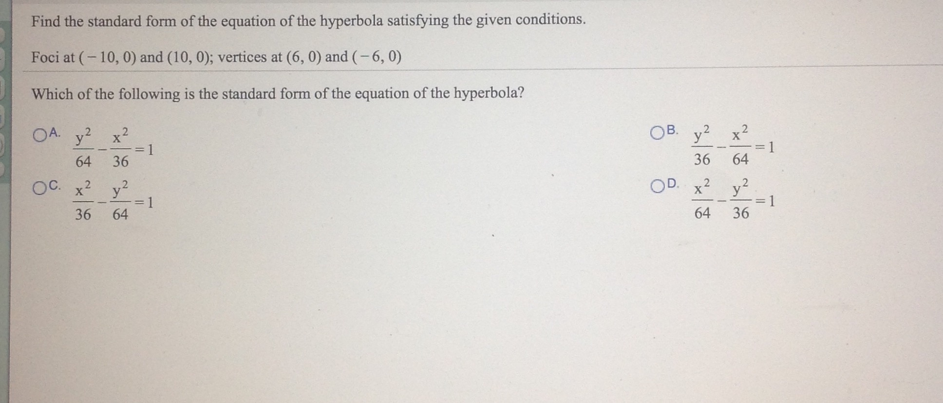 Solved: Find The Standard Form Of The Equation Of The Hype ...