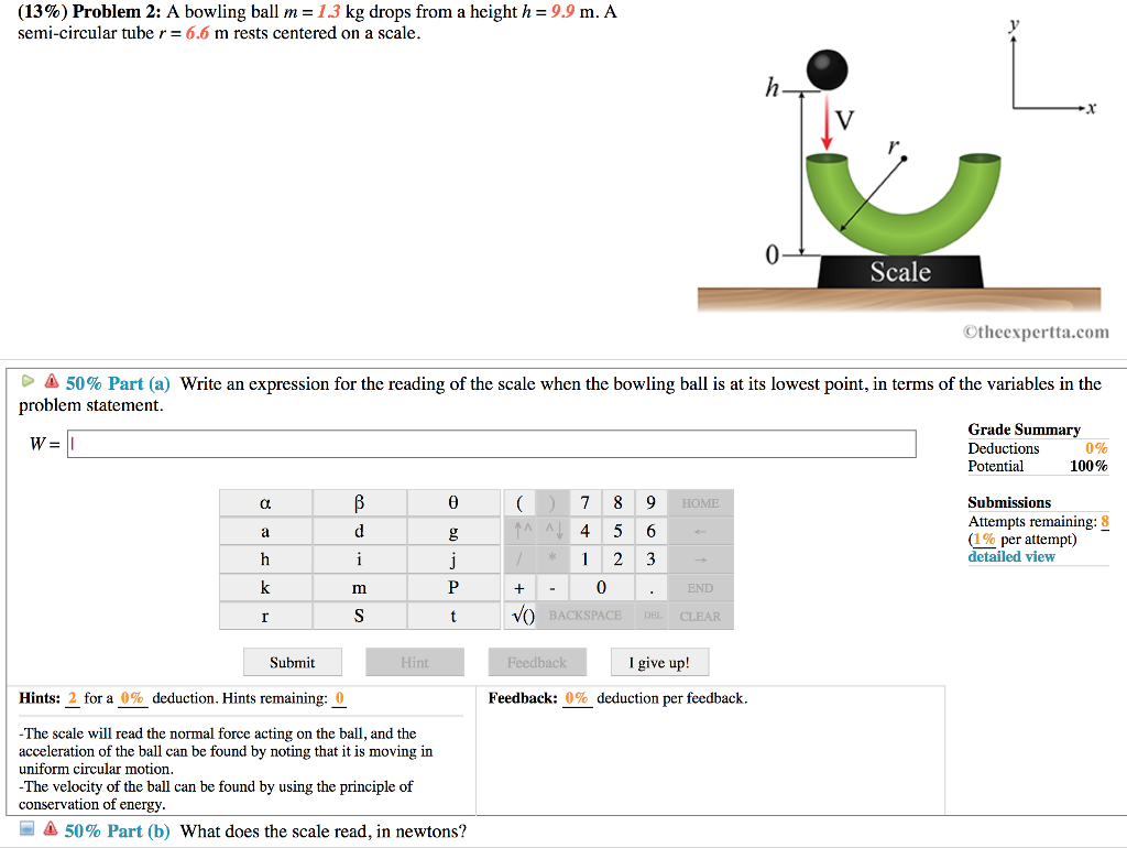 Solved (13) Problem 2 A Bowling Ball M 1.3 Kg Drops Fro...