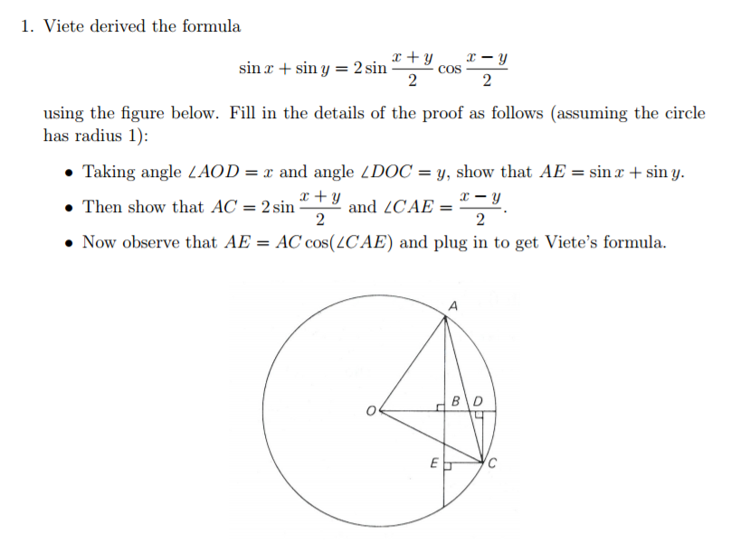Solved Viete Derived The Formula Sin X Sin Y 2 Sin X Chegg Com
