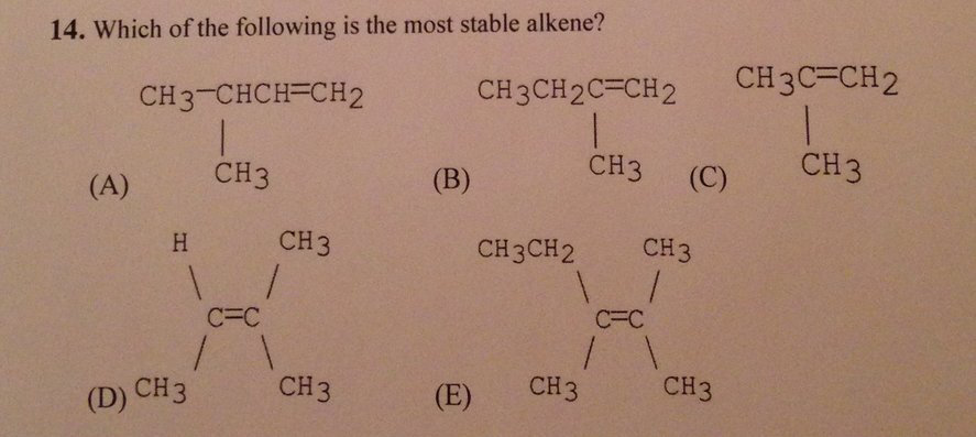 Solved 14. Which Of The Following Is The Most Stable Alkene? | Chegg.com Solved 14. Which Of The Following Is The Most Stable Alkene? | Chegg.com