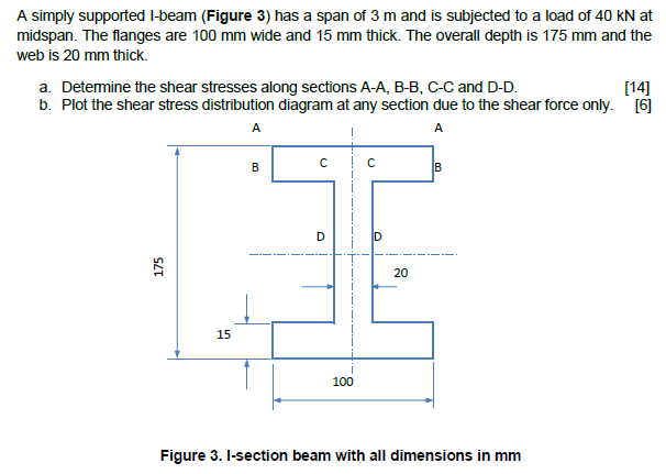 A beam of L meters span simply supported at end carries a central load W.  The overall depth of beam section is 300 mm with horizontal flanges each of  200 mm x