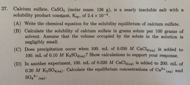 Solved Calcium sulfate, CaSO_4 (molar mass: 136 g), is a | Chegg.com