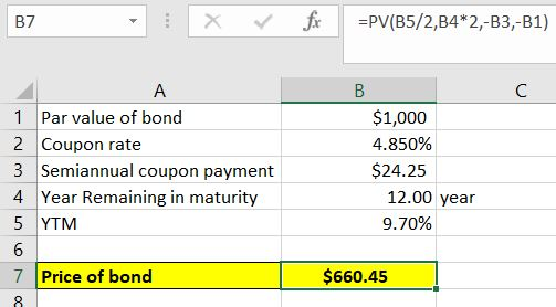 PVB5/2842,-83,-81) B7 $1,000 4.850% $24.25 1 Par value of bond 2 Coupon rate 3 Semiannual coupon payment 4 Year Remaining in