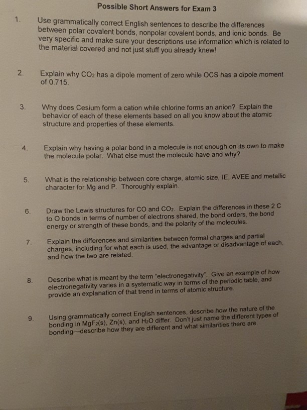 1. 3 Short Solved: For Use Grammatic Answers Possible ... Exam