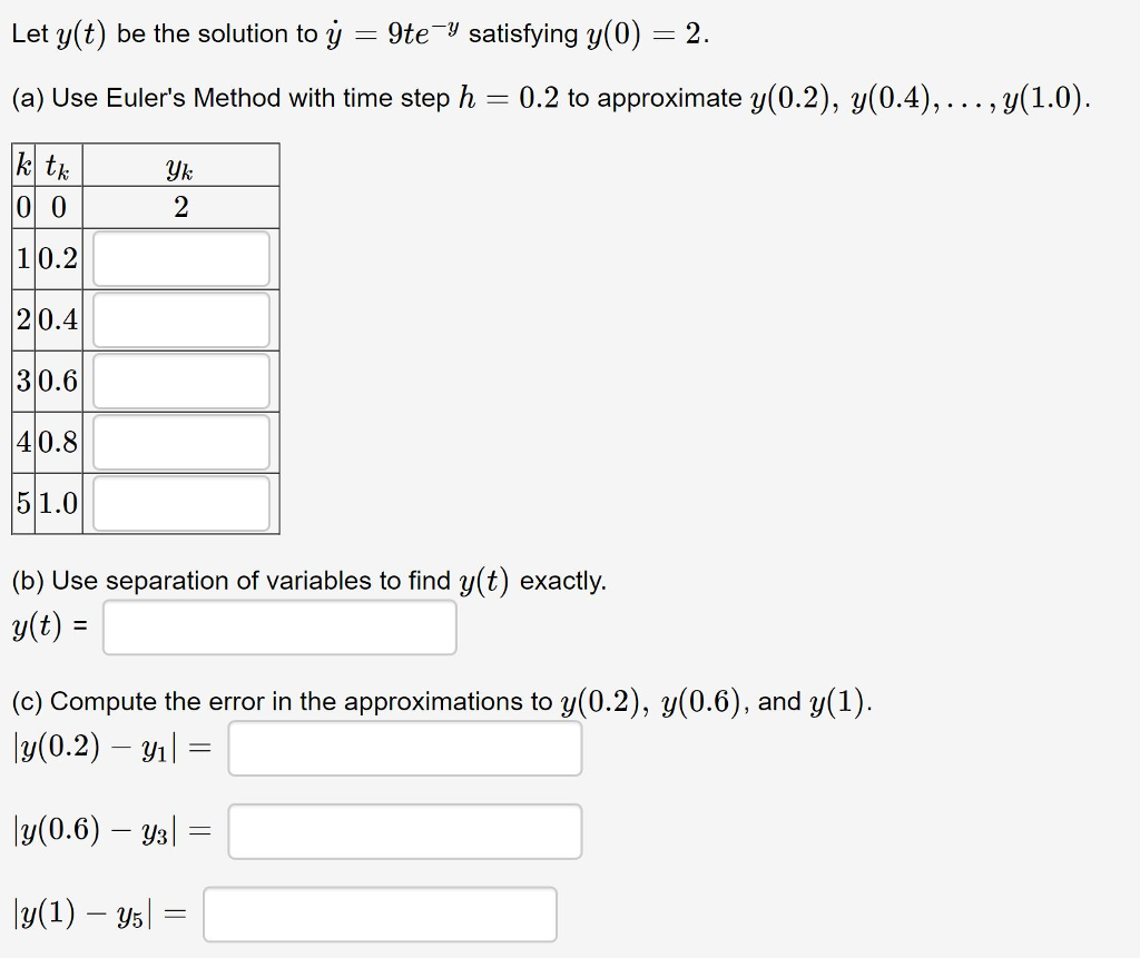 Let y(t) be the solution to y 9te-y satisfying y(0) 2. (a) Use Eulers Method with time step h 0.2 to approximate y(0.2), y(04), . . . , 3(1.0) yk 10.2 20.4 30.6 40.8 51.0 (b) Use separation of variables to find y(t) exactiy. y(t) = (c) Compute the error in the approximations to y(0.2), y(0.6), and y(1 |y(0.2)-yil = ly(0.6) y3