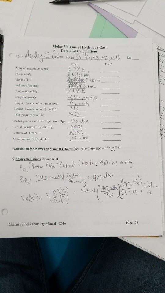 Molar Volume Of Hydrogen Gas Data And Calculations Chegg 