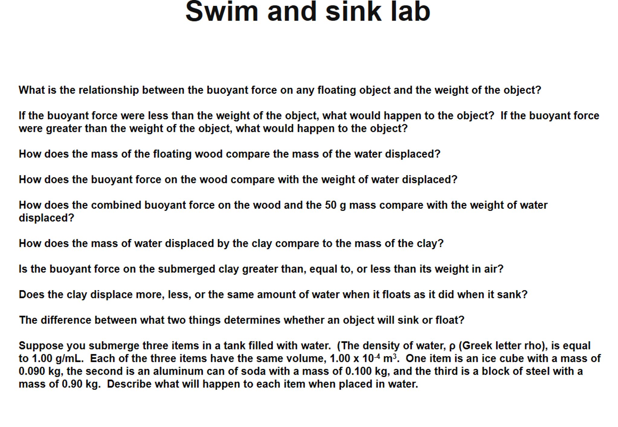 Solved Swim And Sink Lab What Is The Relationship Between