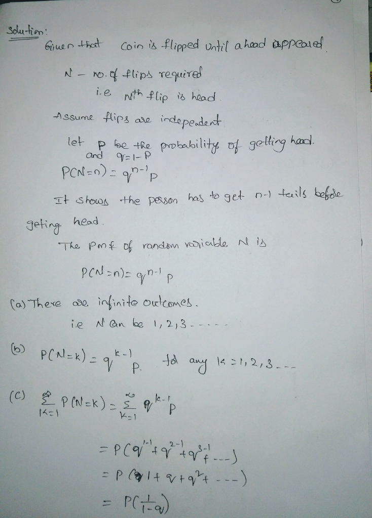 Solu-ion i.e nith flip i heod olling harl and 9=I-P It shows the pes son has to get n-) teils befale gefing head rT ie Nan b