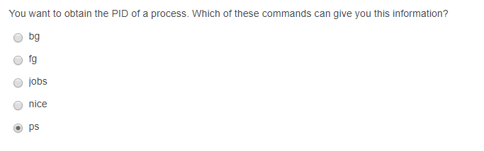 You want to obtain the PID of a process. Which of these commands can give you this information? O bg o fg O jobs O nice