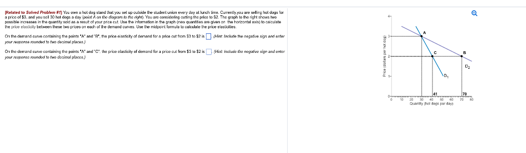 Related to solved problem nt] you own ahol dog sland hat you sel up oulside lhe student unin every day a lurh lime. currenyyou are seling hol dogs for a price of $3, and yousel 30 hot dogs a day (poit a an the dogram to tha righr you are cons cering cuting thc price to $2. the graph to the right shaws two poss ble increases in the quantry sold as a reaut of your price cut use the infonmation in the graph (new quantities ane gien an the horizontal axis) to calculate he price elaslicily betaeen lhese two prices on each of he demand curves. use the midpont lormuls to calculate he price elaslicilies on the demand curve containing tha points a and , the price elesthicty of demand for a prica cut from $3 to $2 hint ichade the nagatve sign an enter your esconse rounded to two deamal places on the derand curve containing the pointsandc the price clasticity of demand for a price out from$3 to $2 id: incluoc tho negative sign and onter your responsa rounded to two docimal placcs.) d2 d, quanthy hat dogs par day)