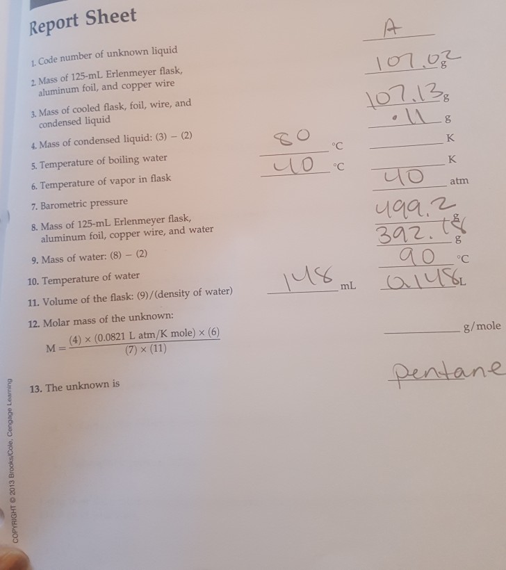 Solved Report Sheet 1 Code Number Of Unknown Liquid 2 Ma Chegg Com