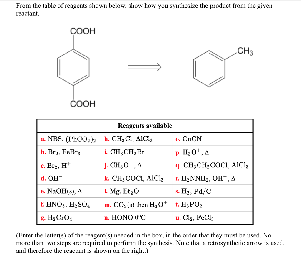 Solved From The Table Of Reagents Shown Below Show How Y Chegg Com