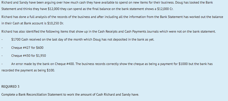 Richard and Sandy have been arguing over how much cash they have available to spend on new items for their business. Doug has looked the Bank Statement and thinks they have $12,000 they can spend as the final balance on the bank statement shows a $12,000 Cr. Richard has done a full analysis of the records of the business and after including all the information from the Bank Statement has worked out the balance in their Cash at Bank account is $10,250 Dr. Richard has also identified the following items that show up in the Cash Receipts and Cash Payments Journals which were not on the bank statement. $1700 Cash received on the last day of the month which Doug has not deposited in the bank as yet. Cheque #427 for $600 Cheque #430 for $1,950 An error made by the bank on Cheque #400. The business records correctly show the cheque as being a payment for $1000 but the bank has recorded the payment as being $100. REQUIRED 3 Complete a Bank Reconciliation Statement to work the amount of Cash Richard and Sandy have.