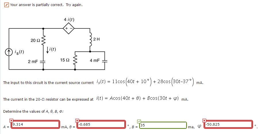 solved the input to this circuit is the current source cuyour answer is partially correct try again 4 i(t) 2 h the input to this circuit is the current source