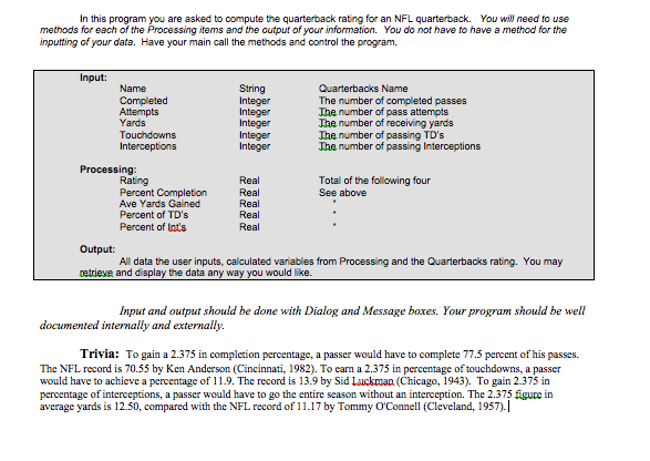 Solved NFL Quarterback Rating Formula The NFL rates its