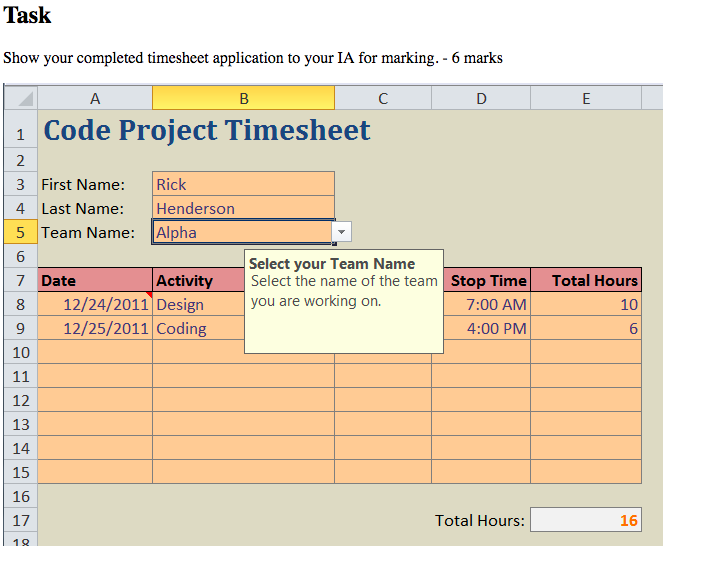 Task Show your completed timesheet application to