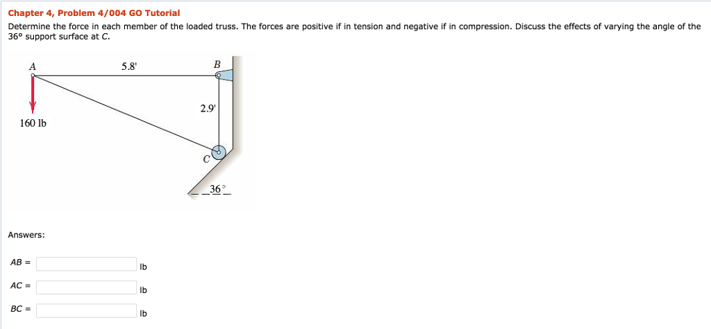 Chapter 4, Problem 4/004 GO Tutorial Determine the force in each member of the loaded truss. The forces are positive if in tension and negative if in compression. Discuss the effects of varying the angle of the 36° support surface at C. 5.8 2.9 160 lb 363 Answers: lb lb lb AC =