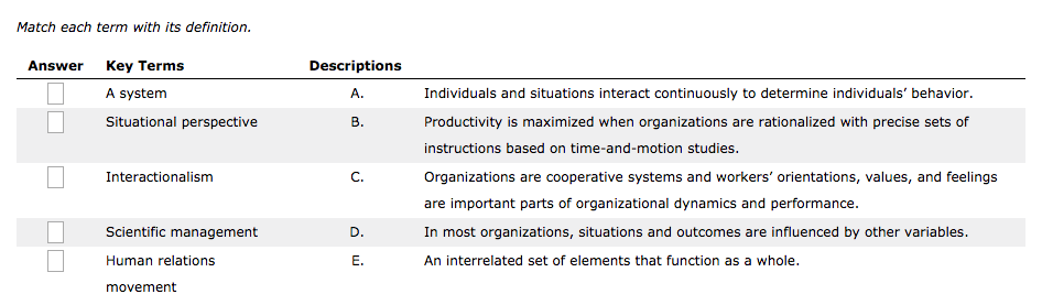 Match each term with its definition. Answer Key Terms Descriptions A system A. Individuals and situations interact continuously to determine individuals behavior. Productivity is maximized when organizations are rationalized with precise sets of instructions based on time-and-motion studies. Organizations are cooperative systems and workers orientations, values, and feelings are important parts of organizational dynamics and performance. In most organizations, situations and outcomes are influenced by other variables. An interrelated set of elements that function as a whole. Situational perspective Interactionalism C. Scientific management Human relations movement 13. E.