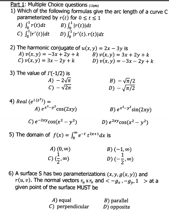 Solved Which Of The Following Formulas Give The Arc Lengt Chegg Com