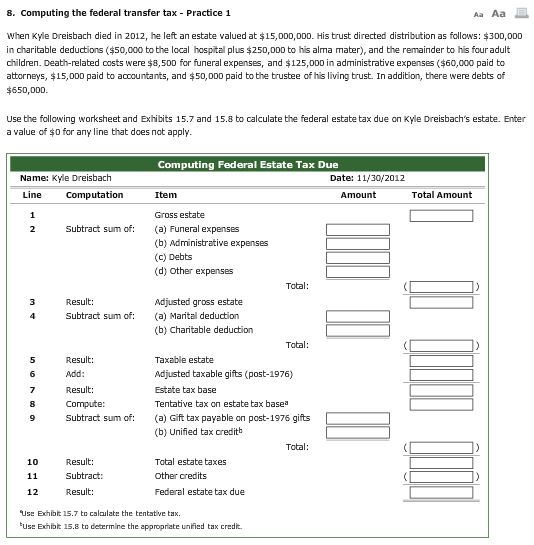 Solved 8 Computing The Federal Transfer Tax Practice 1 W