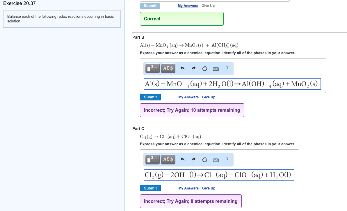 Solved Part A Balance The Following Redox Reaction Occurr Chegg Com