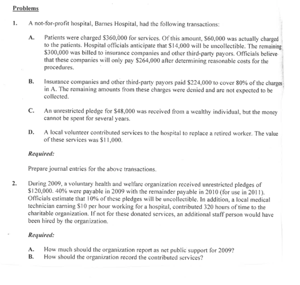 Solved Problem 1 A Not For Profit Hospita Barnes Hospit