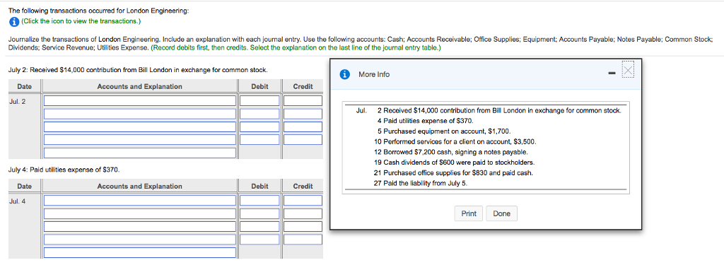 The following transactions occurred for London Engineering: O (Click the icon to view the transactions.) Journalize the transactions of London Engineering. Include an explanation with each journal entry. Use the following accounts: Cash; Accounts Receivable: Office Supplies; Equipment; Accounts Payable; Notes Payable; Common Stock; Dividends; Service Revenue; Utilities Expense. (Record debits first, then credits. Select the explanation on the last line of the journal entry table.) More Info July 2: Received $14,000 contribution from Bill London in exchange for common stock. Date Accounts and Explanation Debit Jul. 2 Credit Jul. 2 Received $14,000 contribution from Bill London in exchange for common stock. 4 Paid utilities expense of $370. 5 Purchased equipment on account, $1,700. 10 Performed services for a client on account, $3,500. 12 Borrowed $7,200 cash, signing a notes payable. 19 Cash dividends of $600 were paid to stockholders. 21 Purchased office supplies for $830 and paid cash. 27 Paid the liability from July 5. July 4: Paid utilities expense of $370. Date Accounts and Explanation Jul. 4 Debit Credit Print Done