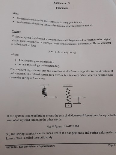 Experiment 3 Friction To Determine The Spring Co Chegg Com